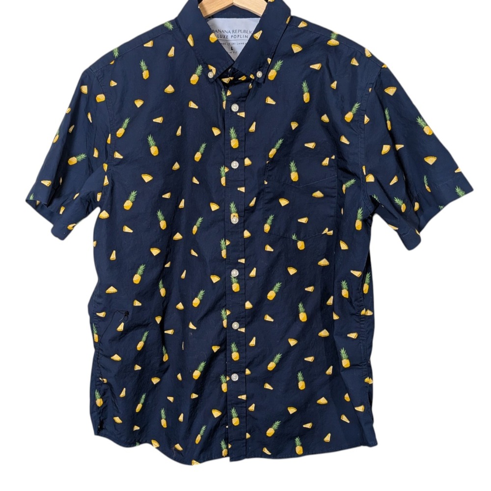 Banana Republic Mens Luxe Poplin Slim Fit Pineapple Print Shirt Navy Blue L